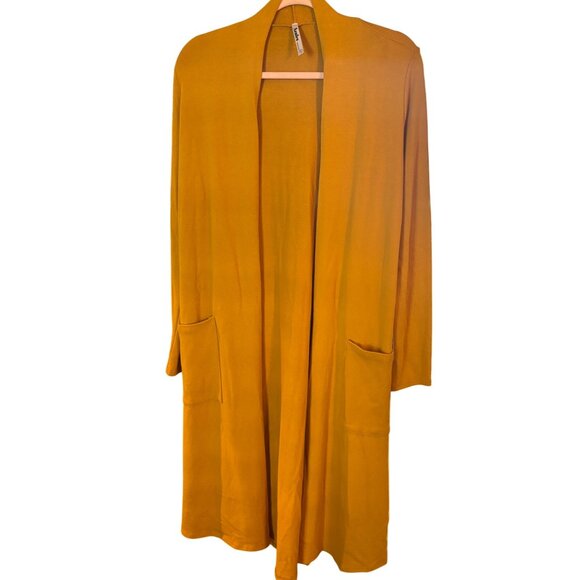 Azules Mustard Yellow Open Front Longline Cardigan Sweater With Pockets - Picture 1 of 9